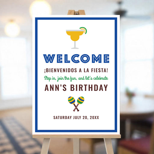 Personalized fiesta birthday welcome sign with margarita glass, colorful maracas, Welcome and Bienvenidos a la Fiesta wording, custom name and event date