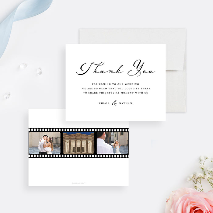 personalized wedding thank you card with elegant black script lettering, custom couple names, and photo filmstrip design-front-back