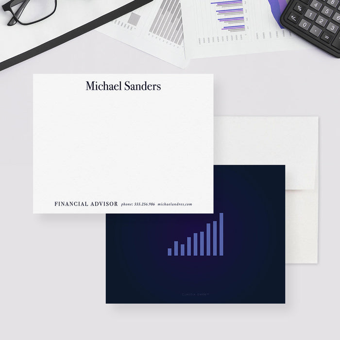 Front and back of personalized note cards with a personalized name and professional contact details and a navy back with a chart illustration.