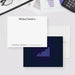 Front and back of personalized note cards with a personalized name and professional contact details and a navy back with a chart illustration.