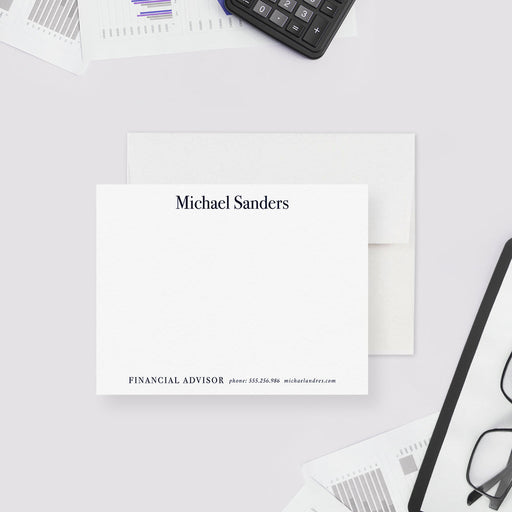 Personalized note card with a personalized name and professional contact details, shown with a white envelope.