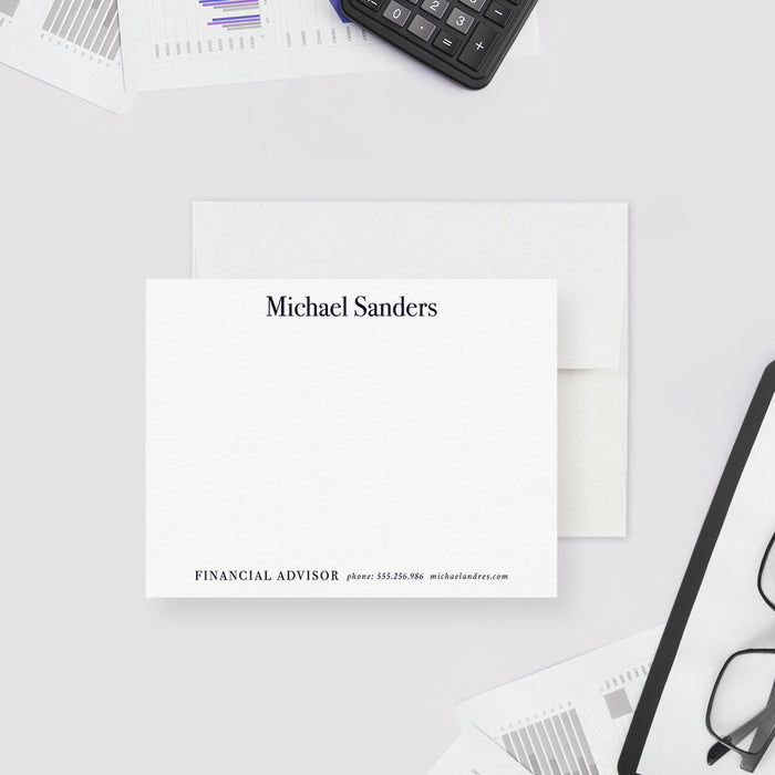 Personalized note card with a personalized name and professional contact details, shown with a white envelope.