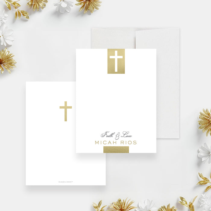 personalized First Holy Communion thank you card with cross design, custom name, Faith & Love wording, and white background-front-back