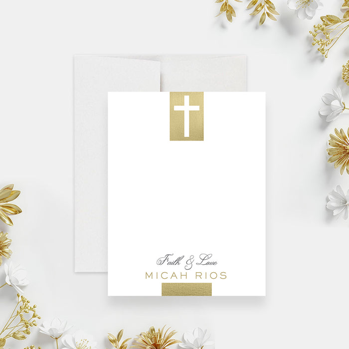personalized First Holy Communion thank you card with cross design, custom name, Faith & Love wording, and white background-front