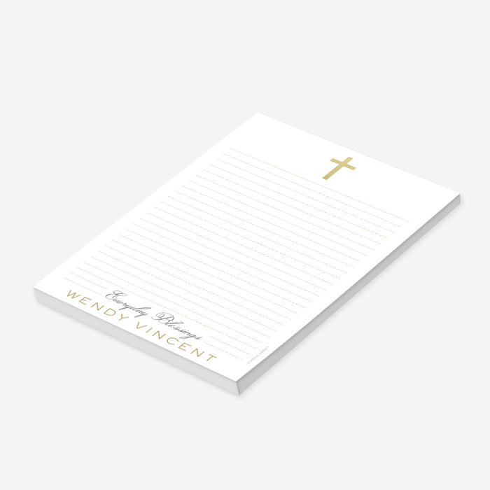 Personalized First Holy Communion notepad with a Christian cross design, custom name, and lined pages for a meaningful religious gift-side