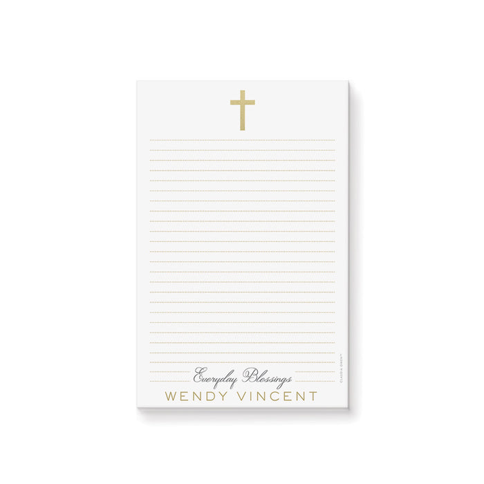 Personalized First Holy Communion notepad with a Christian cross design, custom name, and lined pages for a meaningful religious gift.