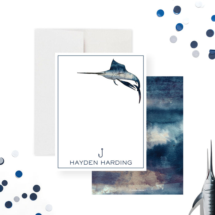 fishing thank you card with blue swordfish illustration, fishing hook detail, and custom name for fishermen and ocean lovers-front-back