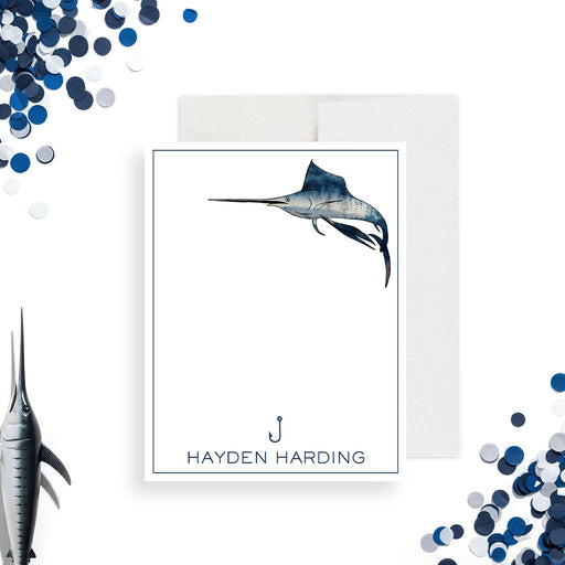 fishing thank you card with blue swordfish illustration, fishing hook detail, and custom name for fishermen and ocean lovers-front
