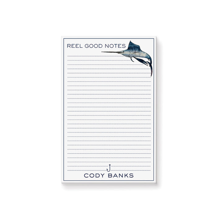 personalized fishing notepad with a blue swordfish illustration, Reel Good Notes design, lined pages, a fishing hook accent, and a custom name