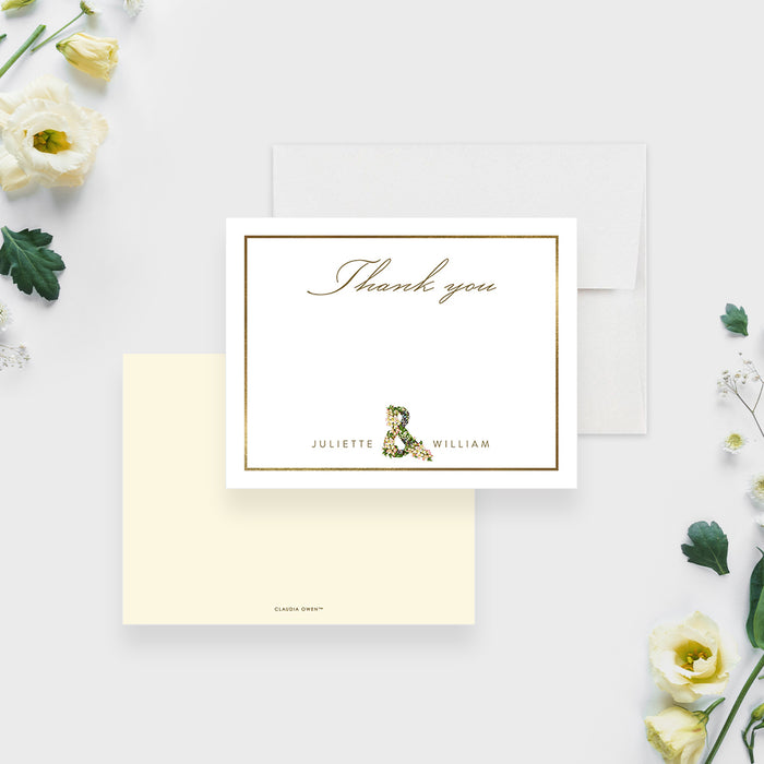 personalized wedding thank you card with floral ampersand, couple names, classic border, and botanical wedding stationery design-front-back