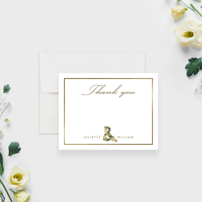 personalized wedding thank you card with floral ampersand, couple names, classic border, and botanical wedding stationery design-front