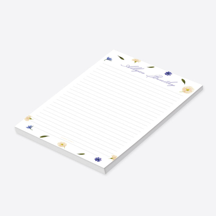 Personalized floral notepad with purple and cream wildflowers, feminine stationery for daily notes and planning.-side
