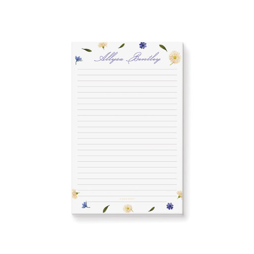 Personalized floral notepad with purple and cream wildflowers, feminine stationery for daily notes and planning.