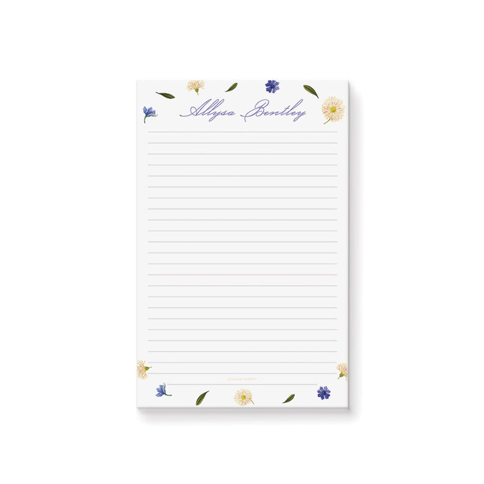 Personalized floral notepad with purple and cream wildflowers, feminine stationery for daily notes and planning.