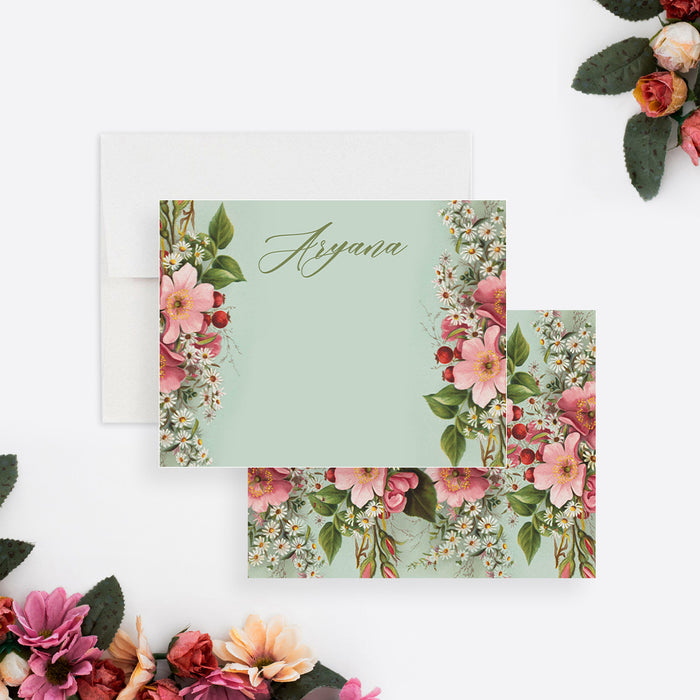 personalized floral birthday thank you card with vintage pink flowers, white daisies, sage green background, and custom name-front-back