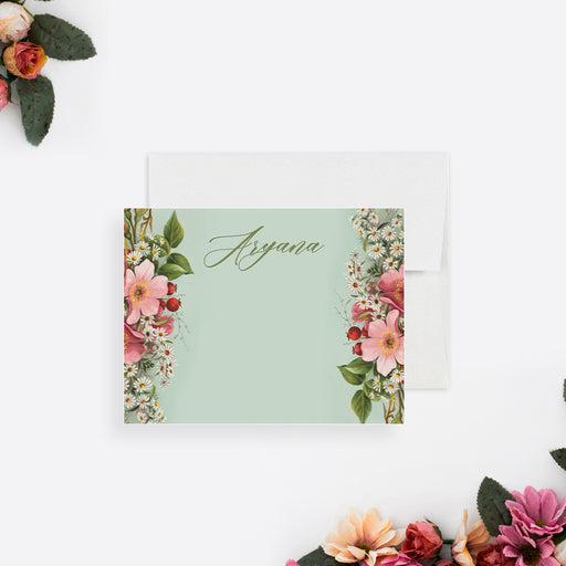 personalized floral birthday thank you card with vintage pink flowers, white daisies, sage green background, and custom name-front