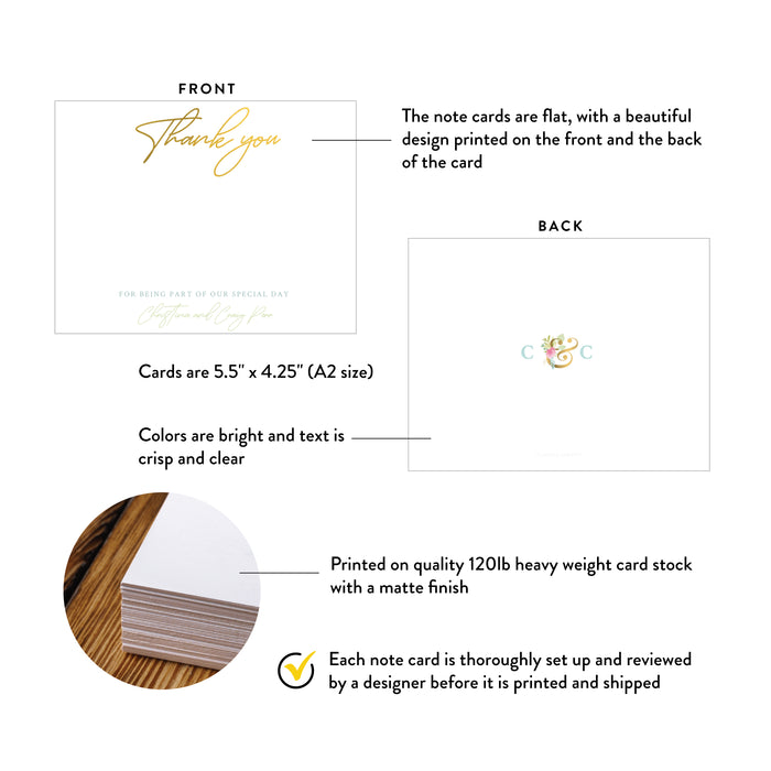 Front and back of personalized floral initial wedding thank you cards showing A2 dimensions and matte cardstock details.