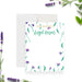 Floral personalized thank you note card with purple flowers, green leaves, and a custom name in vibrant green script-front