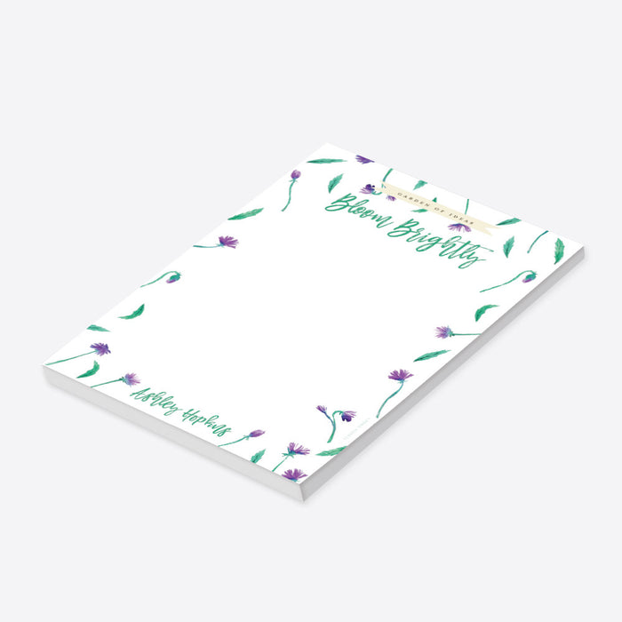 Personalized floral notepad with purple flowers and green leaves, custom name stationery for garden party favors or gifts-side