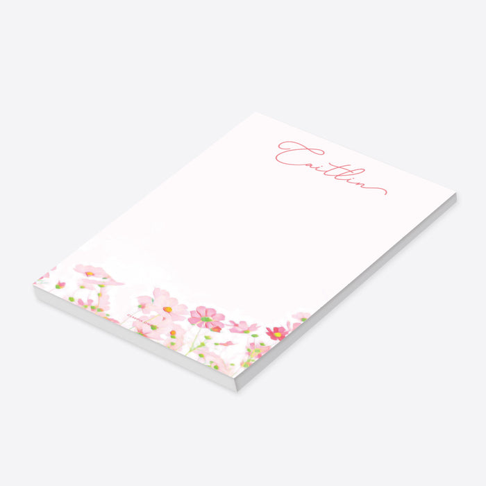 personalized floral notepad with custom name, soft pink watercolor flowers, and blank writing space-side