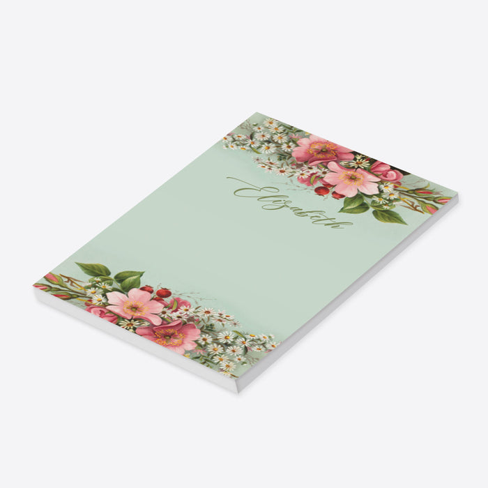 personalized floral notepad with vintage pink flowers, white daisies, sage green background, and custom name-side