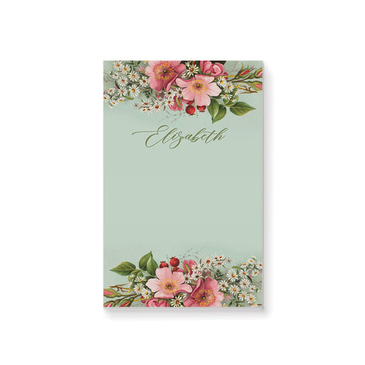 personalized floral notepad with vintage pink flowers, white daisies, sage green background, and custom name