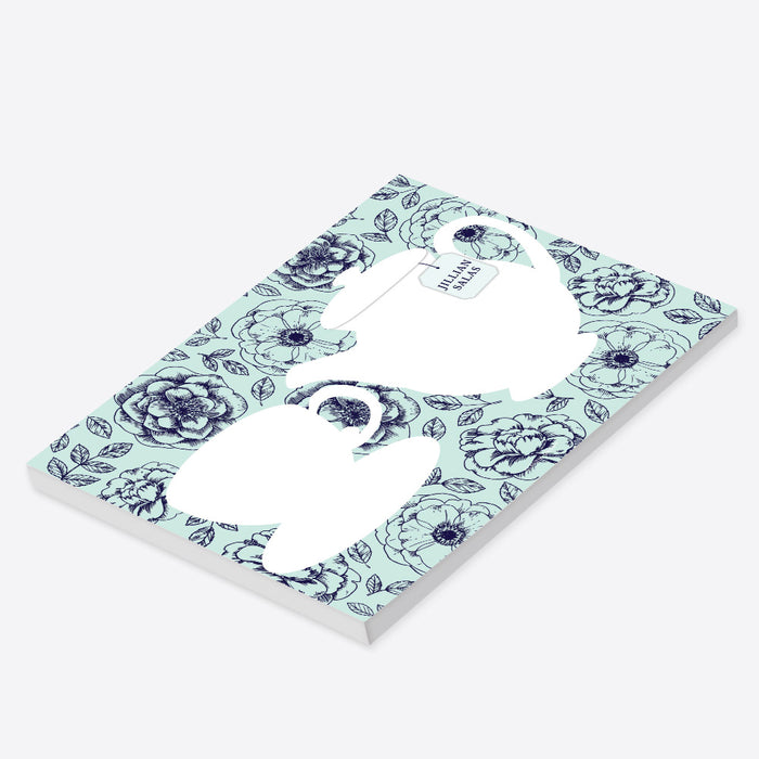 personalized floral teapot notepad with custom name, white teapot and teacup artwork, mint floral background, and blank writing space-side