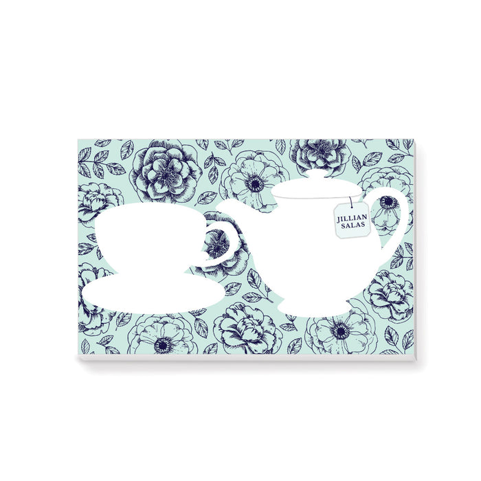 personalized floral teapot notepad with custom name, white teapot and teacup artwork, mint floral background, and blank writing space