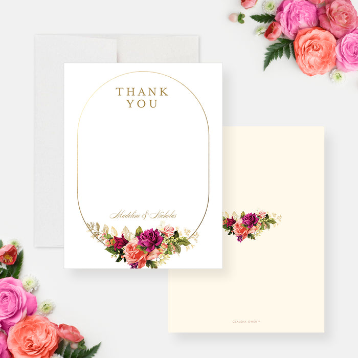 Elegant vintage floral wedding thank you card with a gold border and pink, coral, and magenta flowers, personalized with the couple’s names or message.-front-back