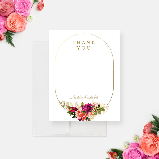 Elegant vintage floral wedding thank you card with a gold border and pink, coral, and magenta flowers, personalized with the couple’s names or message.-front