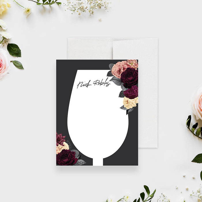 Personalized floral note card with a wine glass-shaped writing area, custom name, burgundy and blush flowers, and space for a handwritten message-front