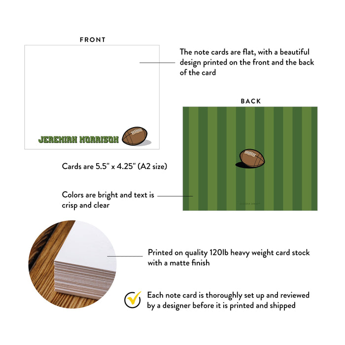 Specifications graphic showing the front and back of personalized football birthday thank you cards for kids, A2 size 5.5 × 4.25 inches and matte cardstock.