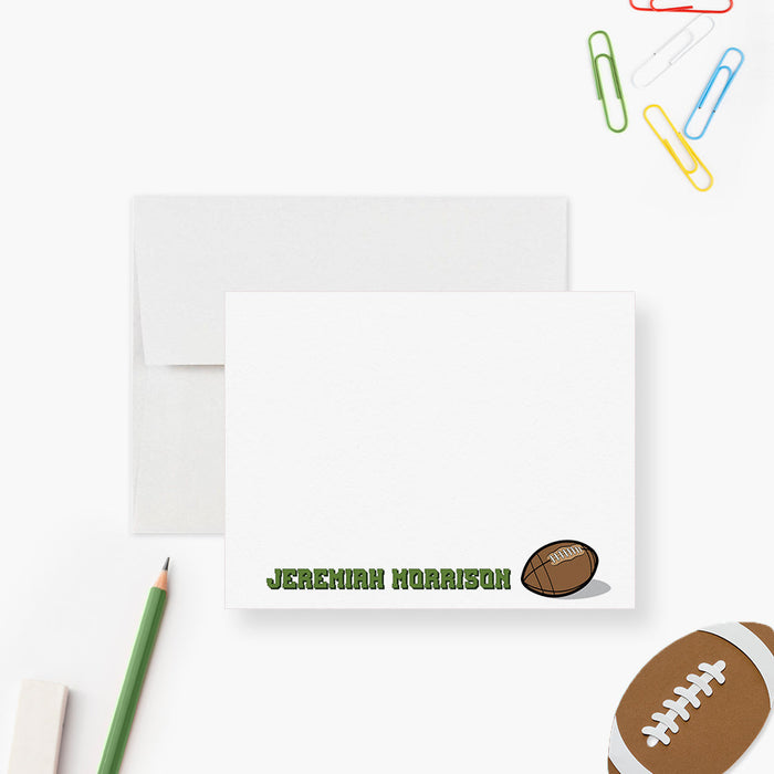 Personalized note card with an American football illustration and a name in green lettering, shown with a white envelope.