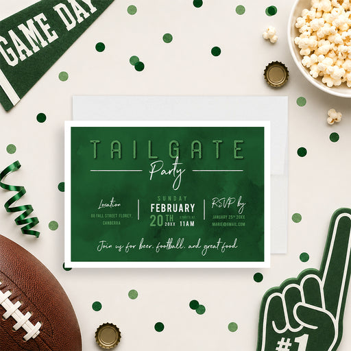 Personalized green and white tailgate party football invitation with game day details-front