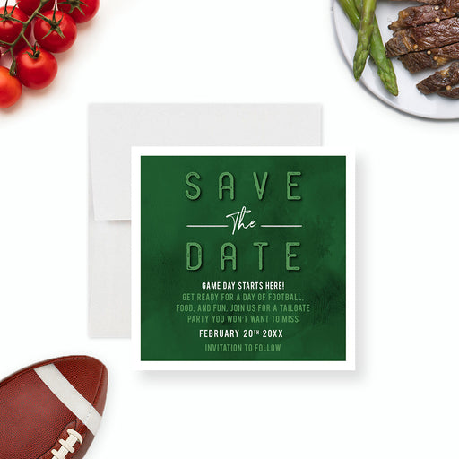 Personalized green football tailgate save the date card with game day wording and custom event date-front