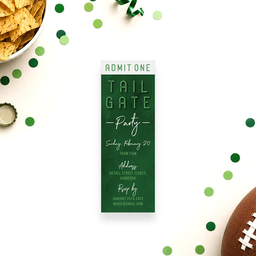Personalized green football tailgate party ticket invitation with admit one design, event details, date, address and RSVP