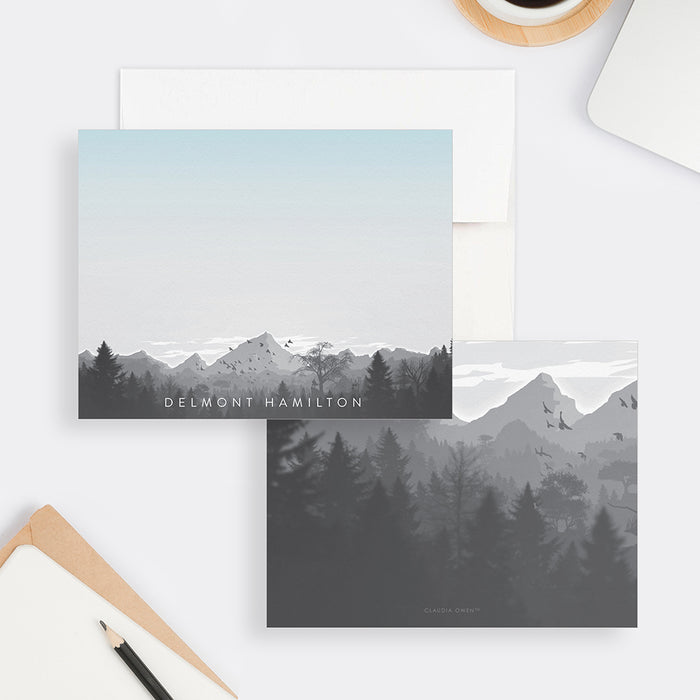 Personalized note card featuring a serene forest and mountain landscape design with customizable name ideal for nature lovers and outdoor-themed correspondence.