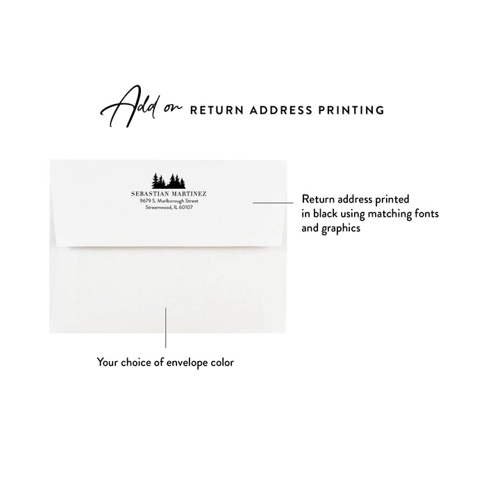 Optional return address printing example on a white envelope for personalized forest note cards.