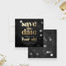 Personalized Four-Oh 40th birthday save the date card with black bokeh background, gold lettering, honoree’s name, date and invitation to follow-front-back