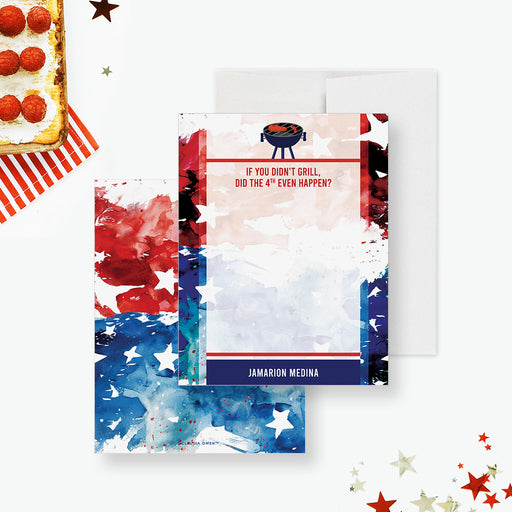 Personalized Fourth of July thank you note card with a grill illustration and red white and blue watercolor stars.