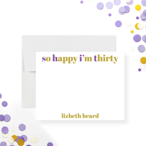 Personalized 30th birthday thank you card with "So Happy I'm Thirty" wording in purple and mustard yellow, custom name, and space for handwritten message-front