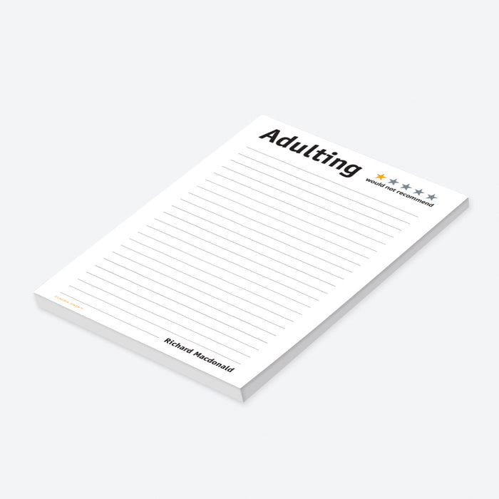 Personalized adulting notepad with custom name, funny one-star rating, “would not recommend” message, and lined writing space-side