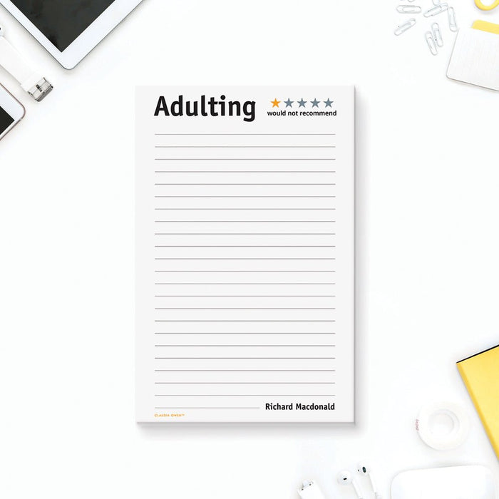 Personalized adulting notepad with custom name, funny one-star rating, “would not recommend” message, and lined writing space