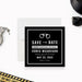 Personalized funny bachelor party save the date card with silver handcuffs, groom’s name, humorous charge wording and event date-front