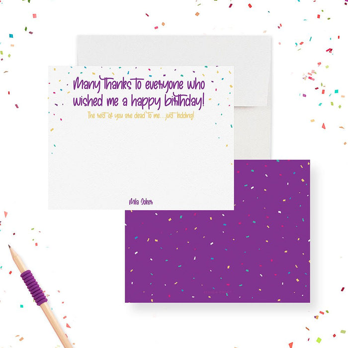 Personalized funny birthday thank you card with colorful confetti and playful wording-front-back