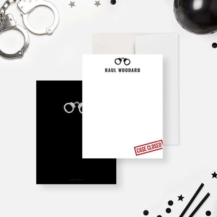 Front and back of personalized funny note card with custom name, black handcuff illustrations, red Case Closed stamp and solid black reverse-front-back