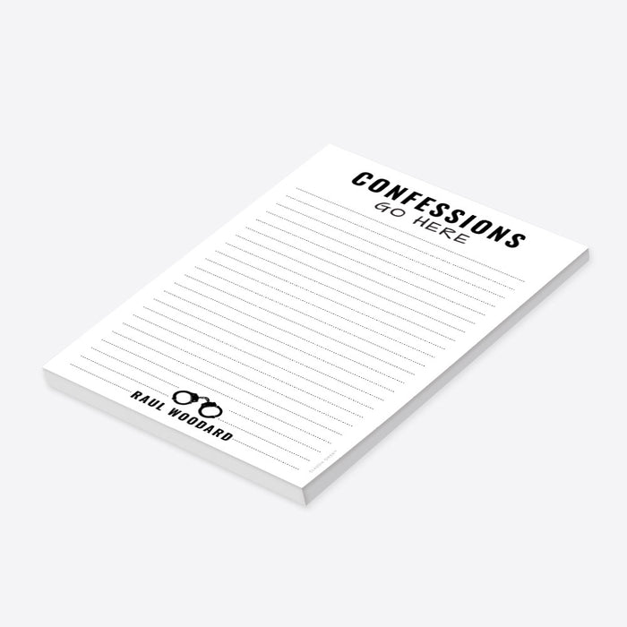 Personalized funny lined notepad for men with Confessions Go Here heading, black handcuff illustration and custom full name-side