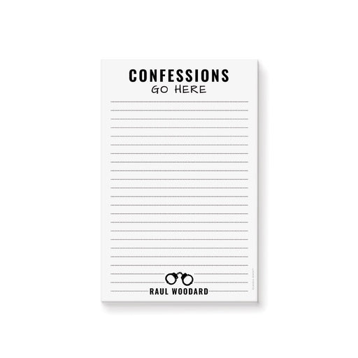 Personalized funny lined notepad for men with Confessions Go Here heading, black handcuff illustration and custom full name