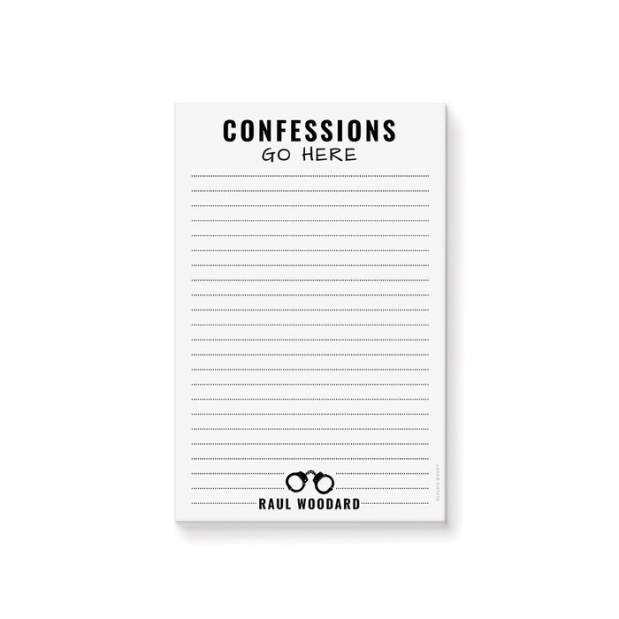 Personalized funny lined notepad for men with Confessions Go Here heading, black handcuff illustration and custom full name