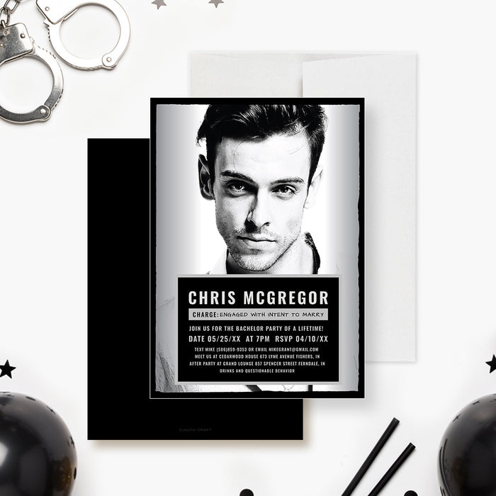 Personalized mugshot bachelor party invitation with groom’s black-and-white photo, name, funny charge wording and custom event details-front-back